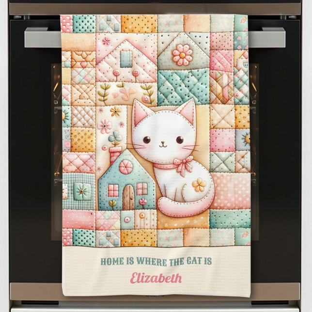 Paño De Cocina Nombre personalizado del paquete de trama de la ca (Cute Cat House Quilt Patchwork Pastel Custom Name Kitchen Towel)