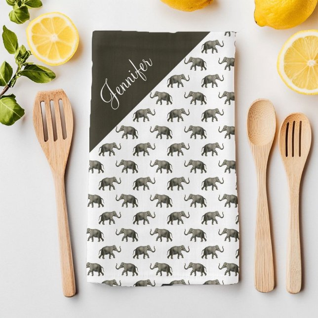 Paño De Cocina Nombre personalizado del patrón de elefante de vin (Vintage Elephant Pattern Custom Name Kitchen Towel)