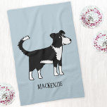 Paño De Cocina Nombre personalizado del perro de la cola del bord<br><div class="desc">Un lindo perro de Frontera Collie con un suave fondo azul. Cambie o quite el texto al personalizar. Arte original de Nic Squirrell.</div>