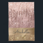 Paño De Cocina Nombre personalizado del Purpurina de oro rosa<br><div class="desc">Moderno, lujoso, rosa purpurina de oro goteando sobre oro y rosa de color oro rayas purpurinas personalizado toalla de cocina monograma. Este diseño presenta rayas purpurinas chispeantes falsas y metalizado de color dorado y purpurina de color rosa rosa rosa rosa rosa rosa rosa rosa con nombre o plantilla de texto...</div>