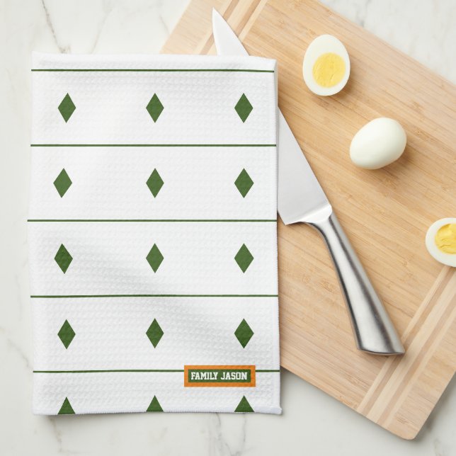 Paño De Cocina Nombre personalizado diamantes de monograma rayas  (Doblado Cuarto)