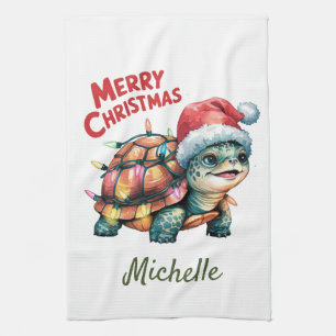Paño De Cocina Nombre personalizado: Feliz tortuga navideña en Sa