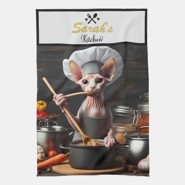 Paño De Cocina Nombre personalizado Foto divertida Sphynx Cat Che (Vertical)