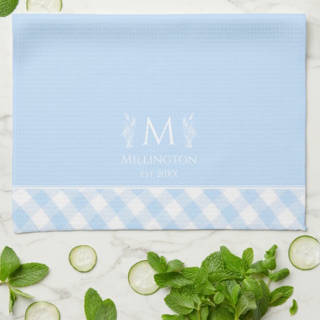 Paño De Cocina Nombre personalizado Gingham azul y blanco monogra (Doblado)