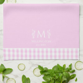 Paño De Cocina Nombre personalizado Gingham rosa y blanco monogra