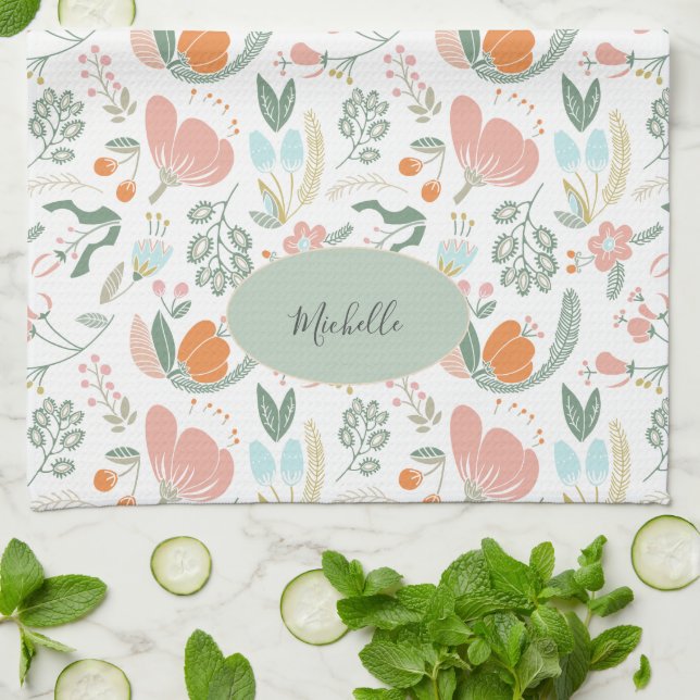 Paño De Cocina Nombre personalizado lindo patrón floral botánico  (Doblado)