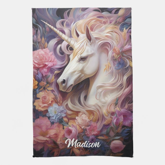 Paño De Cocina Nombre personalizado lindo unicornio (Vertical)
