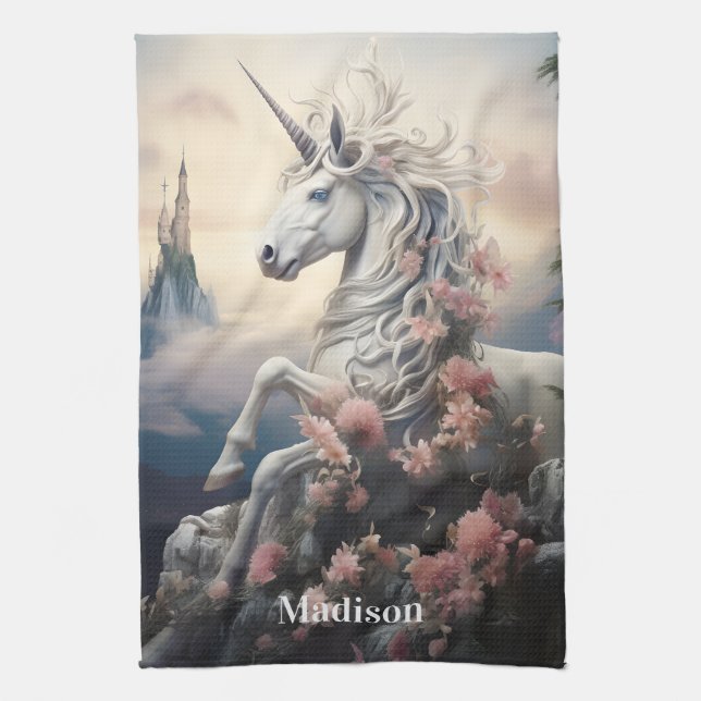 Paño De Cocina Nombre personalizado lindo unicornio (Vertical)
