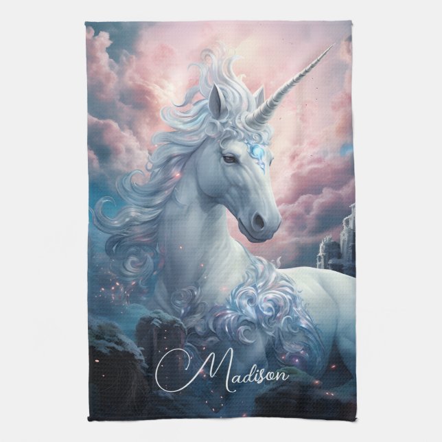 Paño De Cocina Nombre personalizado lindo unicornio (Vertical)