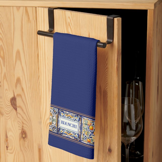 Paño De Cocina Nombre personalizado Mosaico azul y amarillo medit (Pliegue de tercios)