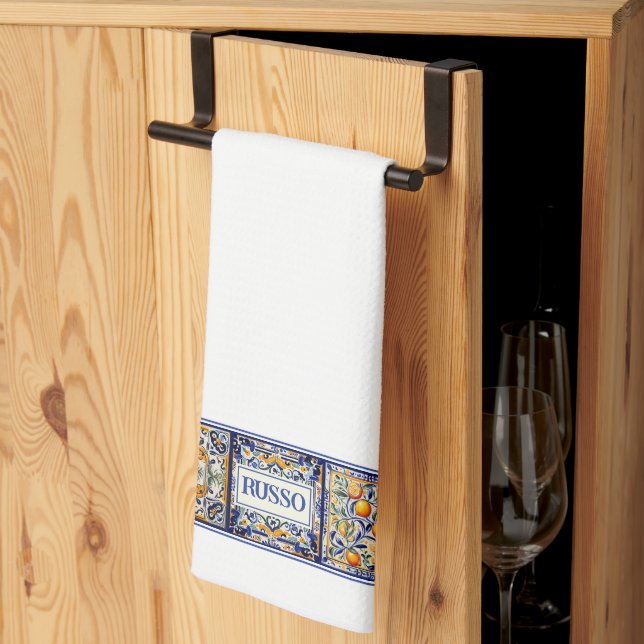 Paño De Cocina Nombre personalizado mosaico mediterráneo azul y a (Pliegue de tercios)