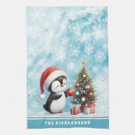 Paño De Cocina Nombre personalizado Navidades pingüino nevado azu