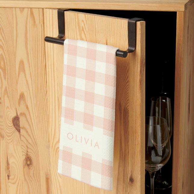 Paño De Cocina Nombre Personalizado Peach Gingham Check Plaid Rus (Pliegue de tercios)