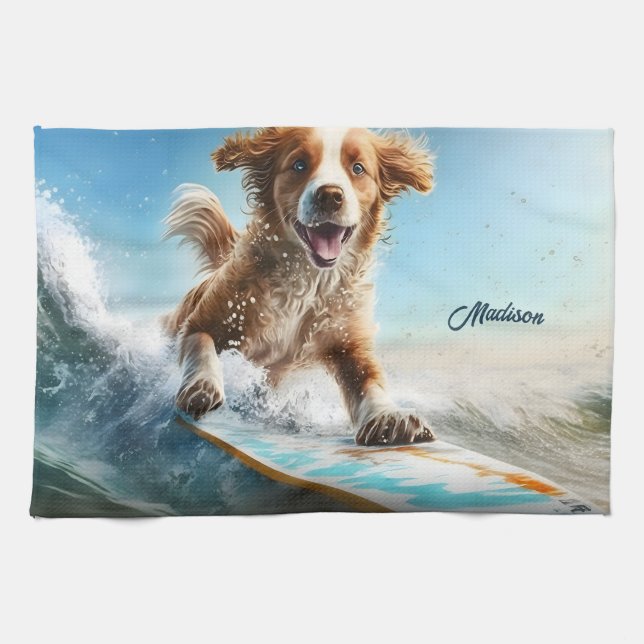 Paño De Cocina Nombre personalizado Perro de Surfing (Horizontal)