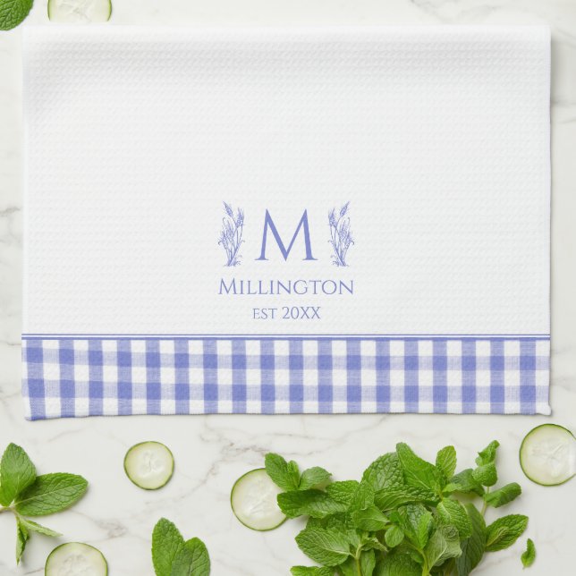 Paño De Cocina Nombre personalizado personalizado de Gingham azul (Doblado)