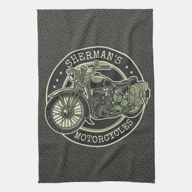 Paño De Cocina NOMBRE personalizado Retro motociclista militar (Vertical)