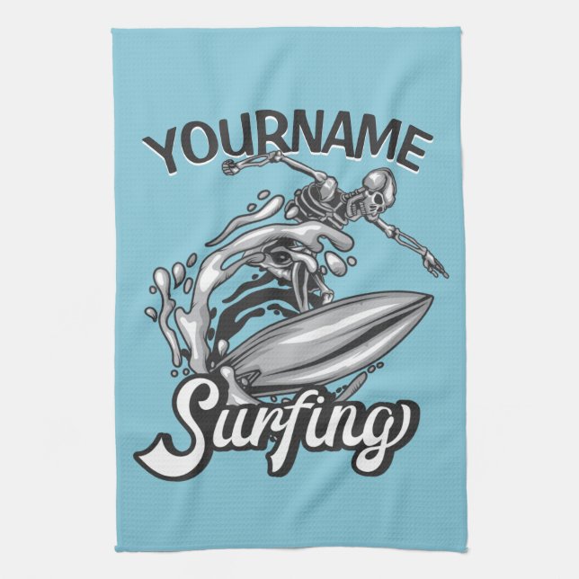 Paño De Cocina NOMBRE Personalizado Surfista Big Wave Skeleton Su (Vertical)