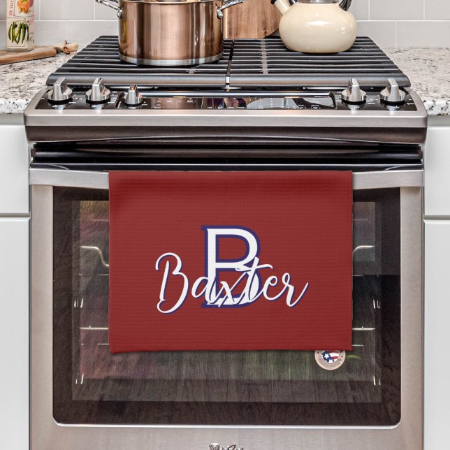 Paño De Cocina Nombre rojo y azul y monograma personalizado (Red White & Blue Name and Monogram Personalized Kitchen Towel
)