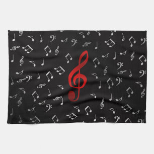 Paño De Cocina notas de música roja y negro plateado