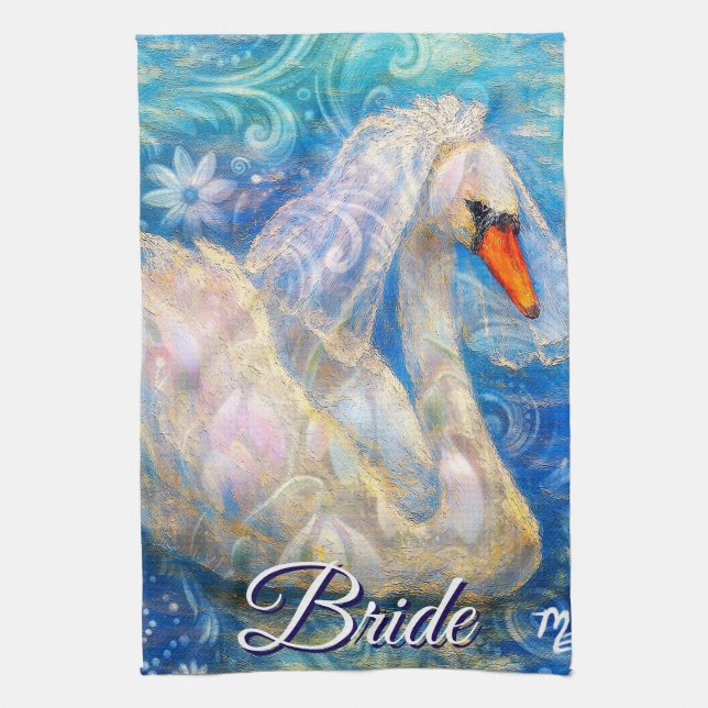 Paño De Cocina Novia cisne con velo en agua azul blanco personali (Vertical)