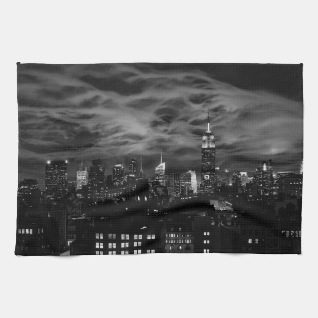 Paño De Cocina Nubes etéreas: NYC Skyline, ESB Blanco y Negro (Horizontal)