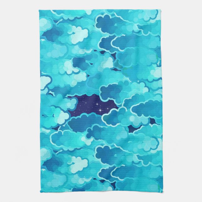 Paño De Cocina Nubes japonesas, cielo nocturno, turquesa e índigo (Vertical)