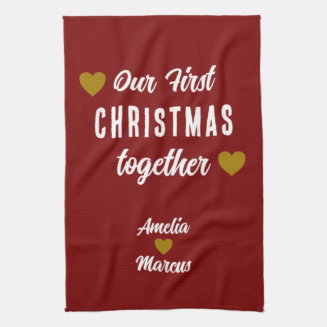Paño De Cocina Nuestra primera Navidad juntos corazones (Vertical)