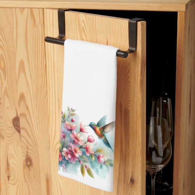 Paño De Cocina Obra artística de colibrí floral/primavera (Pliegue de tercios)