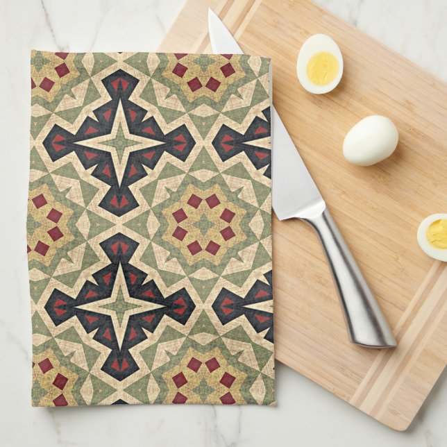 Paño De Cocina Ochre Mustard Yellow Olive Green Tribal Art (Doblado Cuarto)