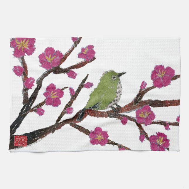 Paño De Cocina Ojo blanco, árbol de ciruelo, pájaro (Horizontal)