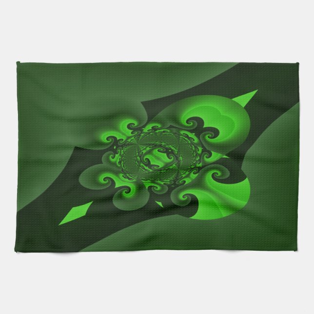 Paño De Cocina Ola Verde Oscura Y Espiral Lime (Horizontal)