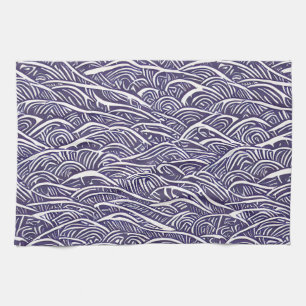 Paño De Cocina Olas de Linocut de Hawái y Surf