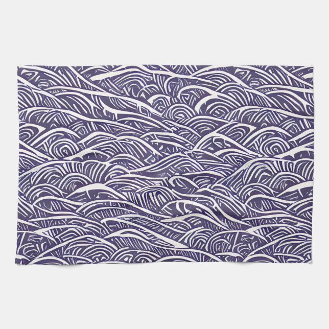 Paño De Cocina Olas de Linocut de Hawái y Surf (Horizontal)