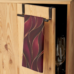 Paño De Cocina Olas de mármol rojo burgundy elegantes con acento 