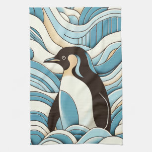 Paño De Cocina Olas De Océano Con Crema Azul Cielo Y Pingüino Cut