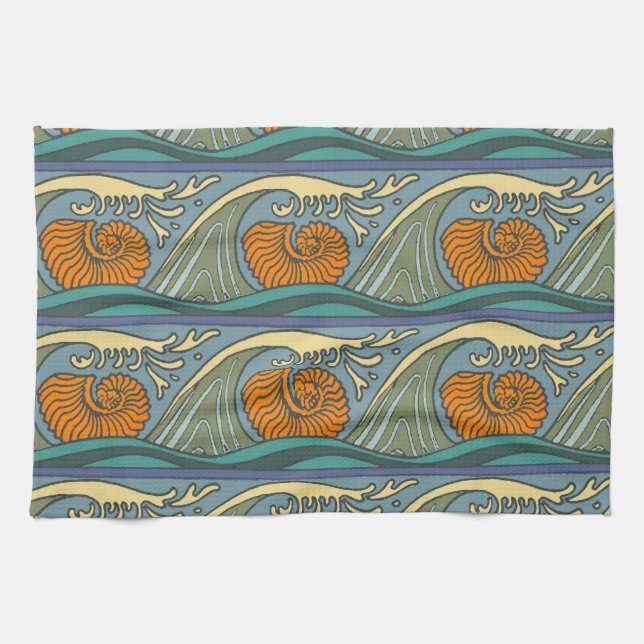 Paño De Cocina Olas del océano azul Nautilus Seashell Pattern Nou (Horizontal)