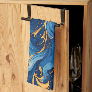 Paño De Cocina Olas Reales de Capricho Remolinos de Azul y Dorado
