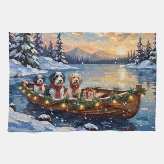 Paño De Cocina Old English Sheepdog Christmas Boat Holiday (Horizontal)