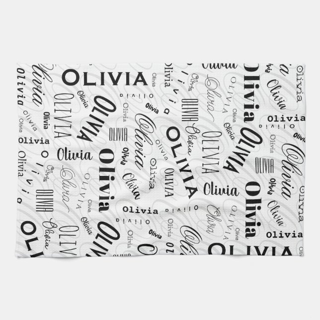 Paño De Cocina Olivia Custom Name Black White  (Horizontal)