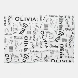 Paño De Cocina Olivia Nombre Personalizado Negro Blanco