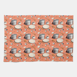 Paño De Cocina Ollas platos cucharas de madera y tazas de café