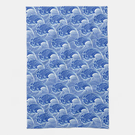 Paño De Cocina Ondas del vintage, azul de cobalto y blanco