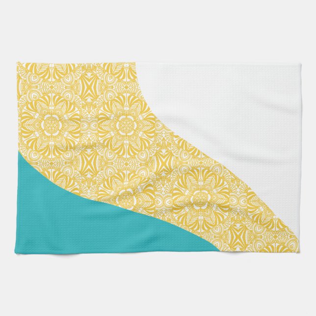 Paño De Cocina Ondas simples - Patrón floral Turquesa y Amarillo (Horizontal)