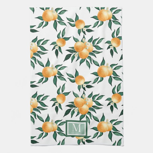 Paño De Cocina Orange Citrus Watercolor Monogram Name  (Vertical)