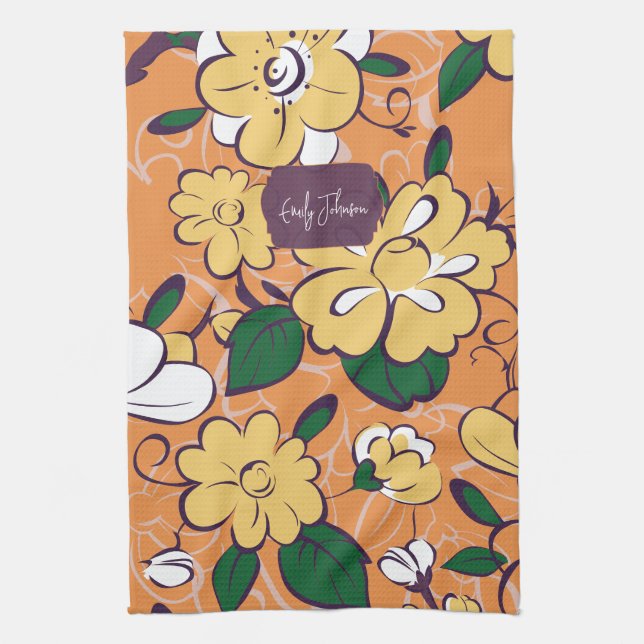 Paño De Cocina Orange Retro Botanical Yellow Flowers Custom Name (Vertical)