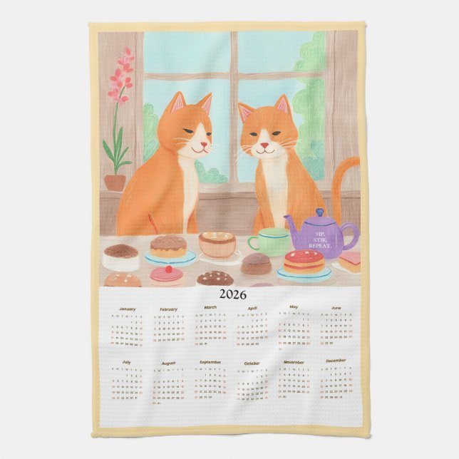 Paño De Cocina Orange Tabby Tea Party Kitchen Towel Calendar (Vertical)