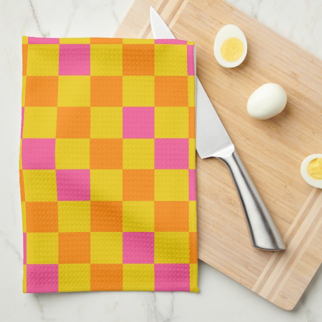Paño De Cocina Orange Yellow Pink Checkered Pattern Design  (Doblado Cuarto)