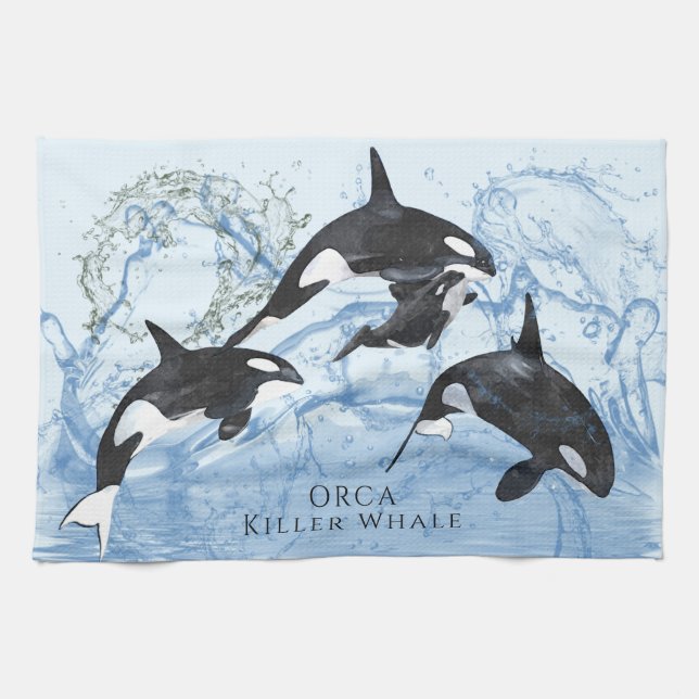 Paño De Cocina Orcas de acuarela blanca y negra increíbles (Horizontal)