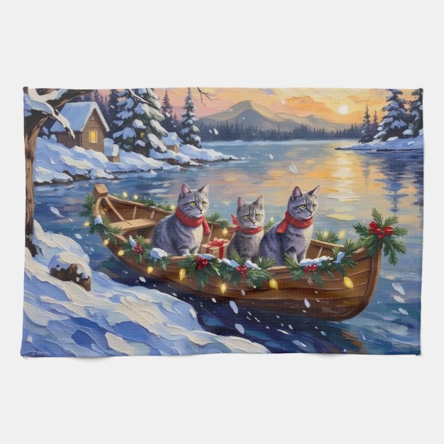 Paño De Cocina Oriental Blue Cat Christmas Boat Holiday (Horizontal)