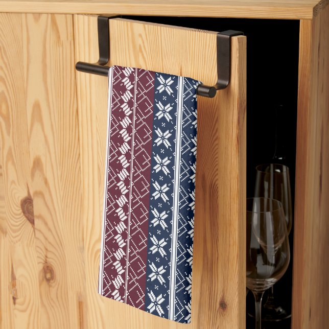 Paño De Cocina Ornamento escandinavo en azul, burdeos (Pliegue de tercios)